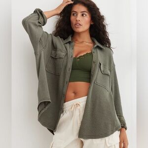 Aerie LumberJane Waffle Shirt Shacket Thermal Olive Green Oversized Size Medium